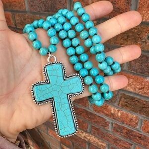 Anthropologie Turquoise Natural Stone Beads Bohemian Western Cross Necklace